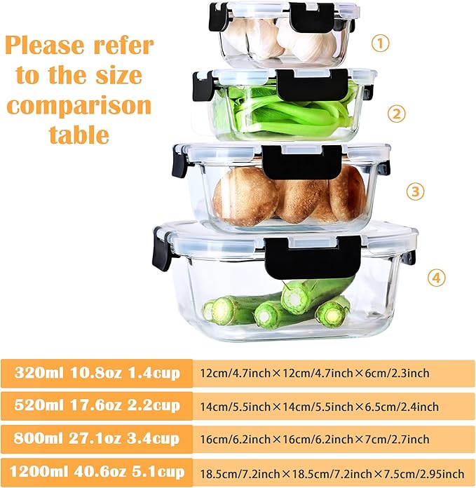24 Piece (12 Food Storage Containers and 12 Lids),17.6+40.6 OZ Black Glass Storage Containers With Lids,Square Glass Meal Prep Containers,Microwaveable,Meal Preparation,Storage Containers
