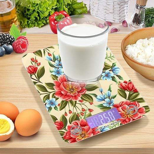 Food Scale Kitchen Digital Scale Food Ounces and Grams Dieting Baking Cooking Waterproof Glass Panels LCD Display,4 Units Scale Tare Function Flower Red