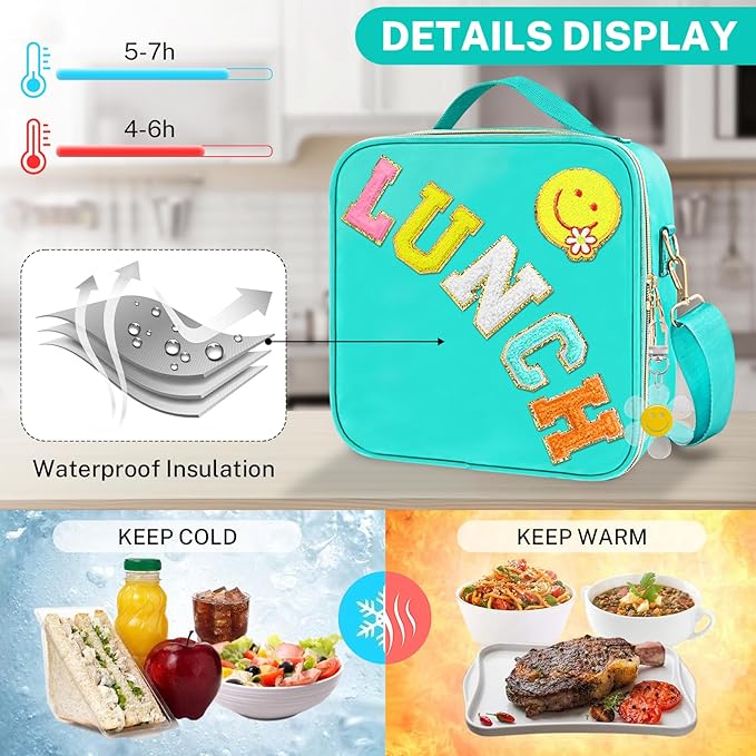 Insulated Girls Lunch Box, Preppy Lunch Box for Teen Girls, Cute Girls Lunch Bag for Kids, Large Reusable Cute Cooler Bag with Adjustable Shoulder Straps,Perfect for School Travel Picnic(Cyan)