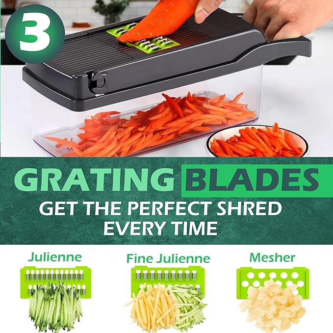 26-in-1 - Heavy Duty Vegetable Chopper with Container - Stainless Steel Blades - Slicer, Chopper, Spiral & Dicer for Veggies With Hand Guard, Cut Resistant Gloves & Cleaning Brushes - Green