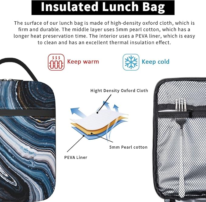 YETTA YANG Navy Black And White Marble Portable Lunch Bag Insulated Lunch Box Reusable Totes For Women Men Work Picnic Camping