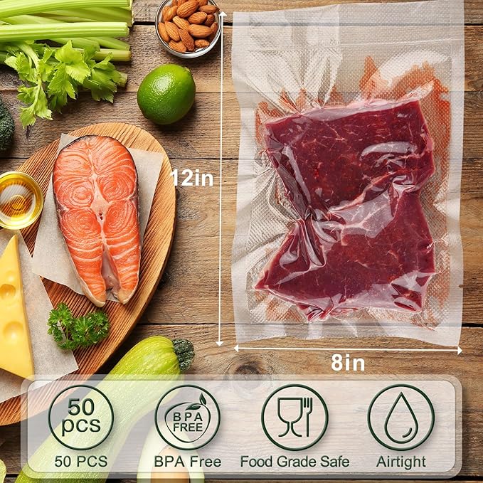 Vacuum Sealer Bags for Food - 50 Quart 8'' x 12'' Pre-Cut Food Saver Bags Quart Size, BPA Free Heavy Duty Vacuum Seal Bags for Food Preservation, Freezer Storage, Seal a Meal or Sous Vide