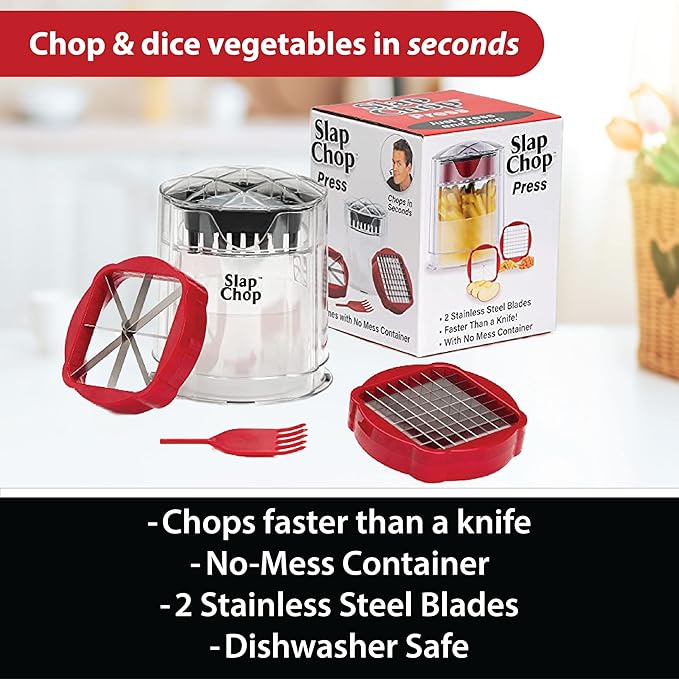 Slap Chop French Fry Potato Cutter Onion Chopper Apple Dicer - Easily Cut in Seconds - Stainless Steel Blades - No Mess Container - Slice French Fries, Fruit, and More - Dishwasher Safe