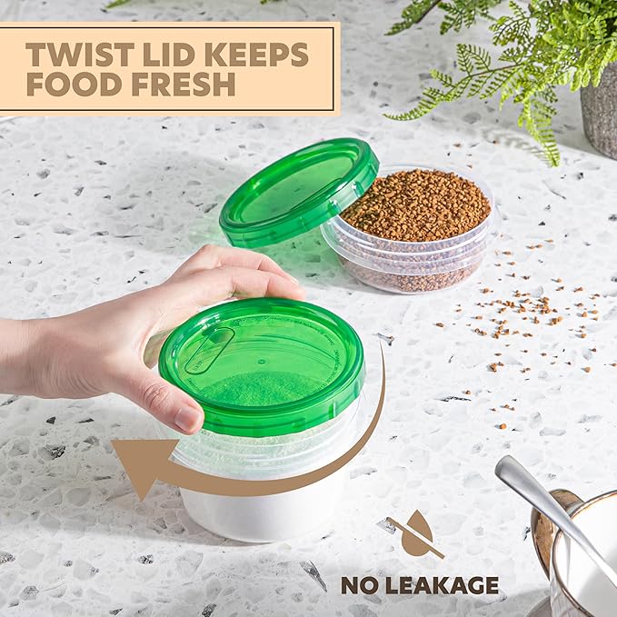 PLASTICPRO 24 Pack Twist Top Containers Assorted Sizes Plastic Food Storage Containers with Green Twist on Lids Stackable Reusable