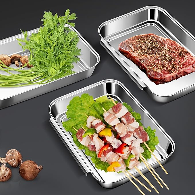 3Pcs Stainless Steel Breading Pans Set, Interlocking Pans for Breading Chicken Breasts,Pork Cutlets,Fish Chips and More (8.5" x 5.8" x 1.2")