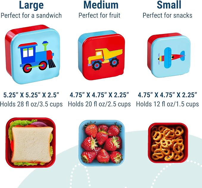 Wildkin Nesting Food Containers for Kids – Stackable, Airtight & Dishwasher Safe - Set of 3 - Trains, Planes & Trucks