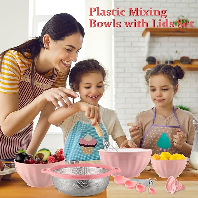 4 Pcs Mixing Bowls with Lids Plastic Nesting Bowls Set with Stainless Steel Colander 8 Pcs Measuring Cups and Spoons Set and Foldable Kitchen Funnel for Kitchen Cooking Accessories (Pink)
