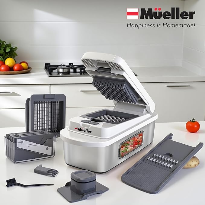 Mueller Pro-Series 10-in-1, 8 Blade Stainless Steel Multi Vegetable Chopper And Mandoline Slicer, Kitchen Accessories and Essentials, Food and Veggie Chopper, Mincer, Dicer, White Sand/Grey