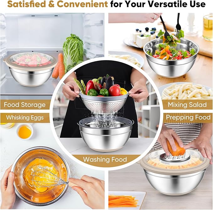 P&P CHEF Mixing Bowls with Lids Set of 3, 3 Pcs Stainless Steel Nesting Salad Bowls and Colander for Kitchen, 3 Grater Attachments & Non-Slip Bottoms, Visible & Airtight Lid, Khaki