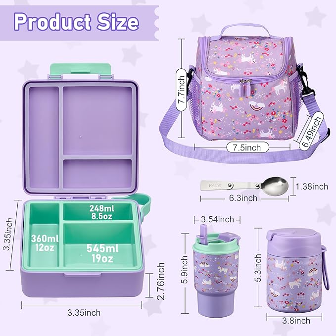 Bento Lunch Box for Kids with 17oz Soup Thermo,Insulated Tumbler Water Bottle and Insulated Lunch Bag,Leak-Proof 3 Compartment Lunch Food Container with with Ice Pack for Kids to School-Horse