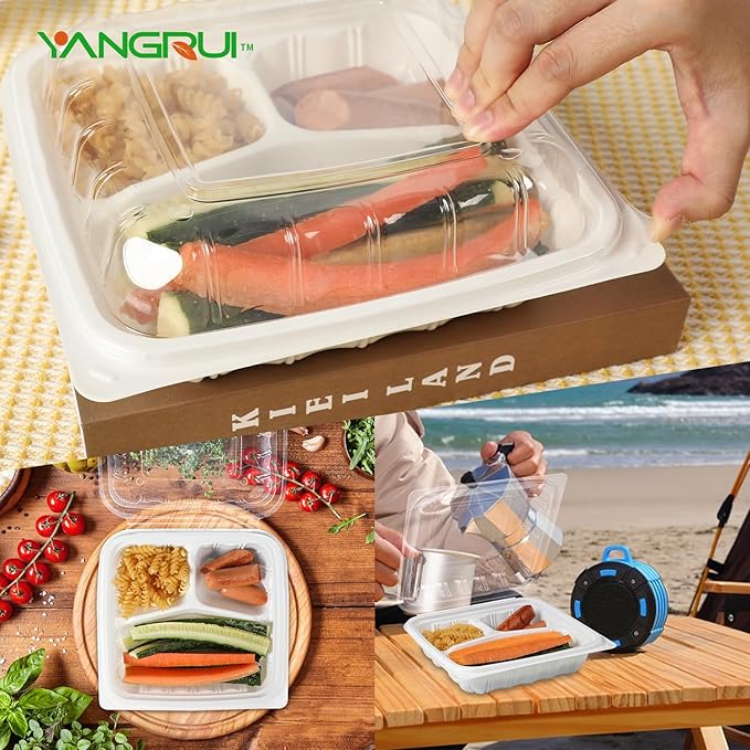 YANGRUI To Go Containers, Reusable Anti-Fog Shrink Wrap 25 Pack 8 x 8 Inch 34 OZ White Plastic Meal Prep Boxes BPA Free Microwave Freezer Safe 3 Compartment Clamshell Take Out Container