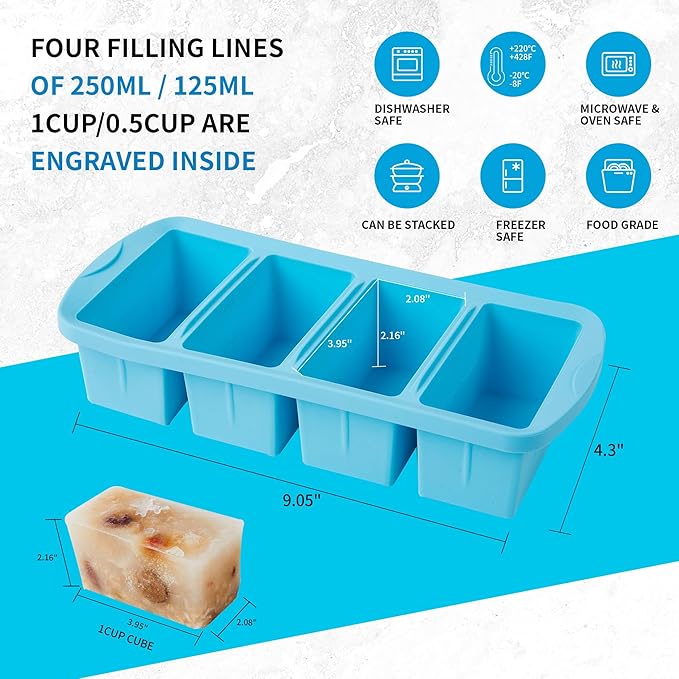 Silicone Freezer Tray with Lid 2 Pack Silicone Freezer Molds - Large Ice Cube Tray - Makes 8 Perfect 1 Cup Portions Soup Cubes Meal Prep Containers- Oven & Dishwasher Safe