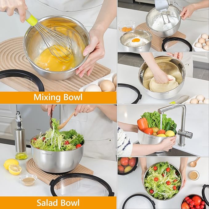 Rorence Stainless Steel Mixing Bowls with Transparent Lids Set, Nesting Metal Salad Bowls with Non-slip Silicone Bottom for Kitchen, Set of 3-1.5QT, 3QT, 5QT, Dishwasher Safe, Black