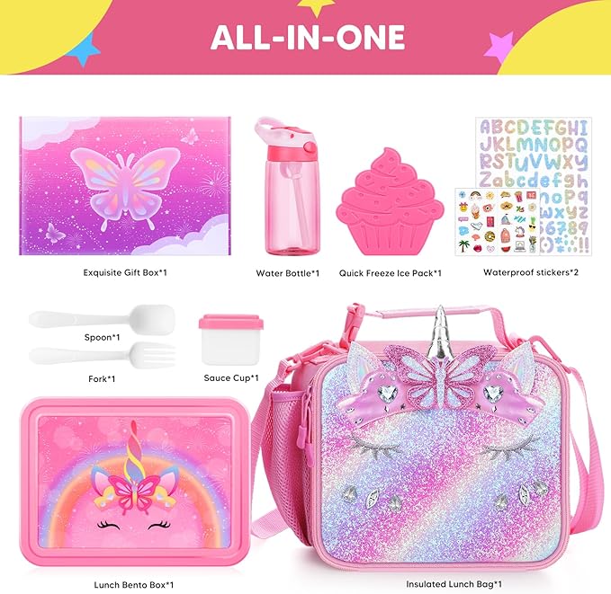 JYPS Unicorn Bento Box for Kids with Insulated Lunch Bag, Lunch box Set with kids water bottle,Sauce Container,Ice Pack,Utensils,Perfect Lunch Container for Girls and Toddlers Back to School Age 7-15