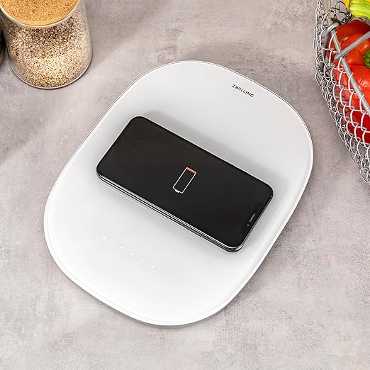 ZWILLING Enfinigy 2-in-1 Digital Kitchen Food Scale, Wireless Charging Station, Max weight 22lbs, Grams & Ounces, .1-gram Accuracy, White