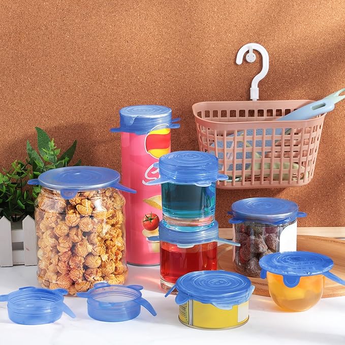 Patelai Silicone Stretch Lids 16 Pieces 2.6-3.3 Inch Microwave Cover for Food Round Reusable Silicone Lids for Bowls, Food Covers (Blue)