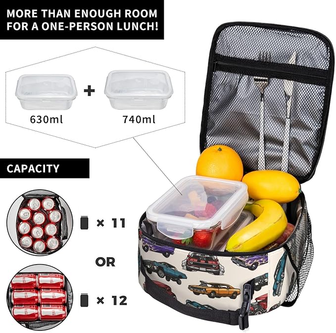 Insulated Lunch Box for Toddler Boys Kids Cars Lunch Box for Work,Picnic,School,Travel,Hiking,Beach or Fishing Polyester Cars Vintage Colorful Theme Lunch Bag