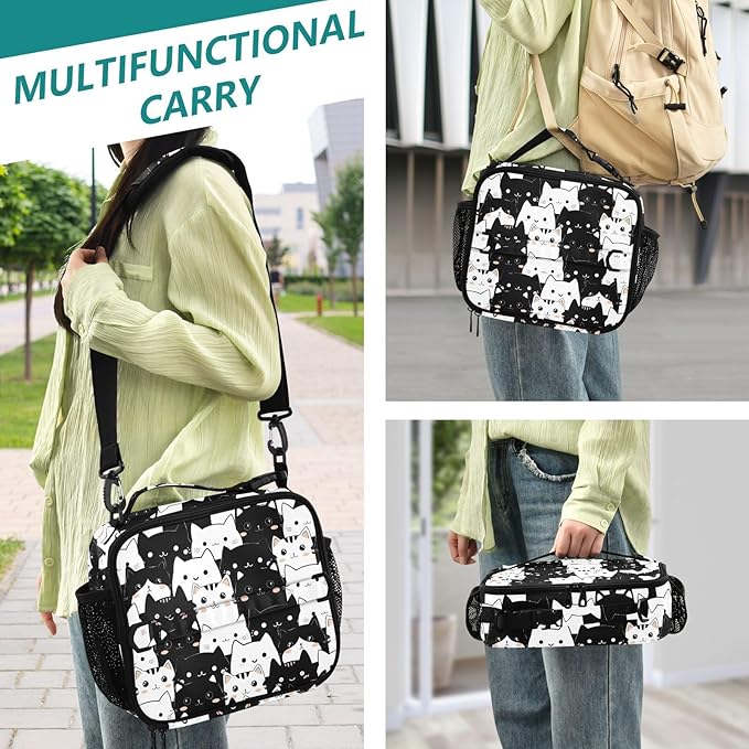 Cute Lunch Bag for Women Insulated Cat Lunch Box for Kids Girls Boys Reusable Leakproof Lunch Tote Bag with Shoulder Strap for School Work Picnic