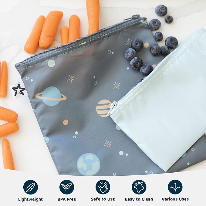 Tiny Twinkle 5 Pack Reusable Snack Bags - Machine Washable, PFAS, PVC, BPA, Phthalate-Free Reusable Baby and Toddler Food Safe Snack Bags (Space)