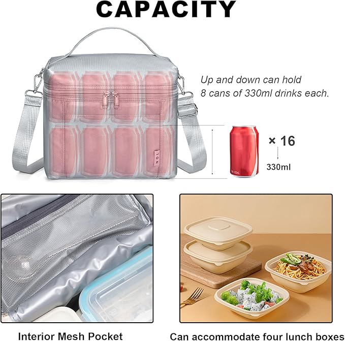 NOL Natural Organic Lifestyle Insulated Lunch Bags for Women Cooler Bag Lightweight Nylon Waterproof Lunch Box For Work (Silver, Medium(normal))