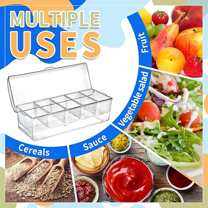 Large Ice Chilled Condiment Caddy,Chilled Condiment Containers Server with Lids for 5 Removable Compartments (2.5 cup),Serving Platters , Fruit & Garnish Tray for Party Supplies & Bar Accessories