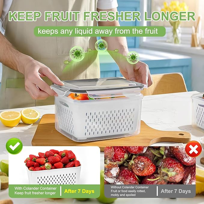 6 Pcs Large Fruit Containers for Fridge, Airtight Food Storage Containers with Removable Colander, Dishwasher and Microwave Safe, Berry Produce Container Keep Fruits, Vegetables, Meat Fresh Longer