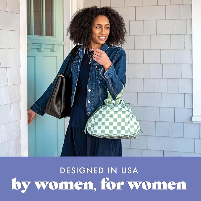 Fit & Fresh Lunch Bag For Women, Insulated Womens Lunch Bag For Work, Stain-Resistant Large Lunch Box For Women With Containers, Cinch Closure Cromwell Pistachio Checker Board