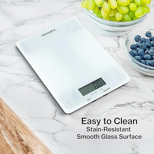 Glass Platform Digital Kitchen Scale - 11lbs / 5kg Capacity - LCD Display g kg oz lb fl.oz ml - CR2032 Battery Included - White