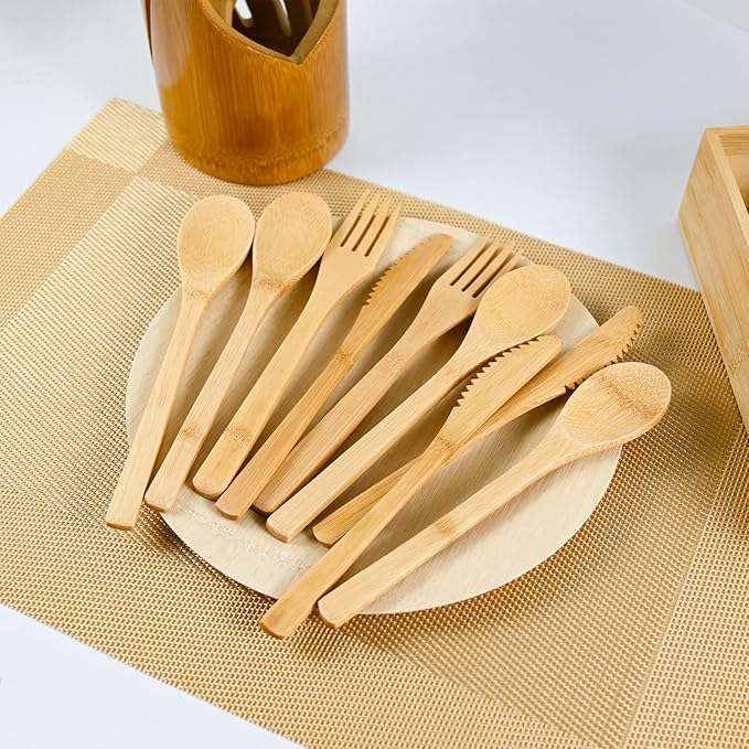 Bamboo Cutlery Reusable with Silverware Organizer, 16Pcs Flatware Set with Bamboo Forks Spoons Knives, Reusable Cutlery with Portable Storage Case for Home and Travel Camping Hiking