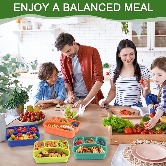 8 Pack Bento Box Lunch Boxes for Adults, 4 Compartment Meal Prep Containers with Lids, Reusable Bento Box Snack Containers for Work, Travel, Picnic, Microwave & Dishwasher Safe