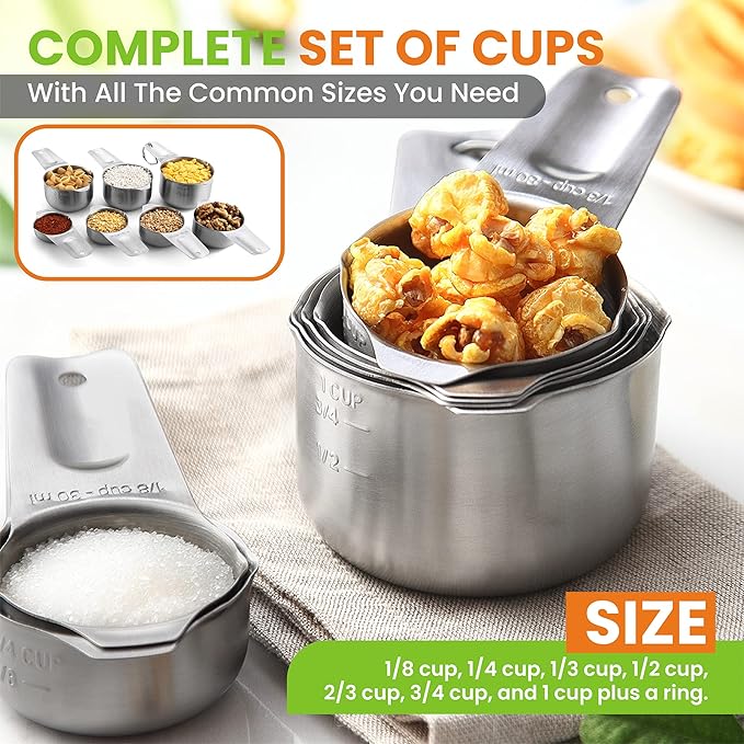 Spring Chef Premium Ice Cream Scoop, Black & Stainless Steel Round Measuring Cups, Set of 7-2 Product Bundle