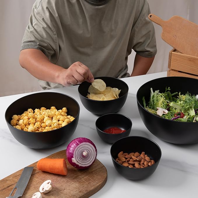 LEHAHA Bamboo Fiber Melamine Mixing Bowls, Set of 5, Nested Kitchen Bowls Set, Large Stackable Serving Bowls for Kitchen, Storage Bowl Ideal for Prepping, Cooking and Serving Food, Matte Black