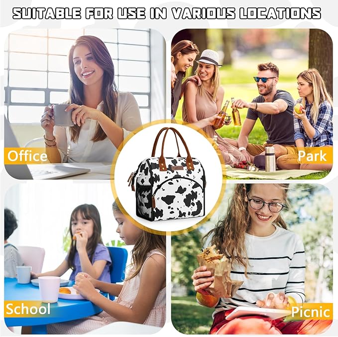LOKASS Lunch Box for Women-Insulated Adults Lunch Bag with Front Pocket-Cute Lunch Tote for Work-Reusable Cow Print Cooler Bag for Office Picnic Beach or Travel