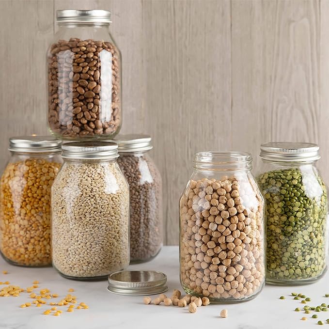 12 Pack of 32oz Mayo Style Glass Mason Jars and Metal Leak Proof Lids for Pickling, Fermenting, Canning and Storing. Containers for Pickles, Kombucha, Preserves, Sauces, Kefir, Fruits,