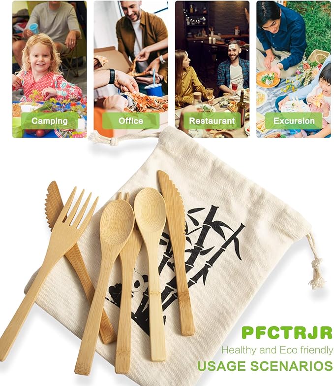 Bamboo Cutlery Set -30 PCS Reusable Bamboo Utensil Fork Knife Spoon-Bamboo Flatware Sets for Camping, Travel, Picnic, Office, School,Bamboo Silverware Set with Pouch Bag