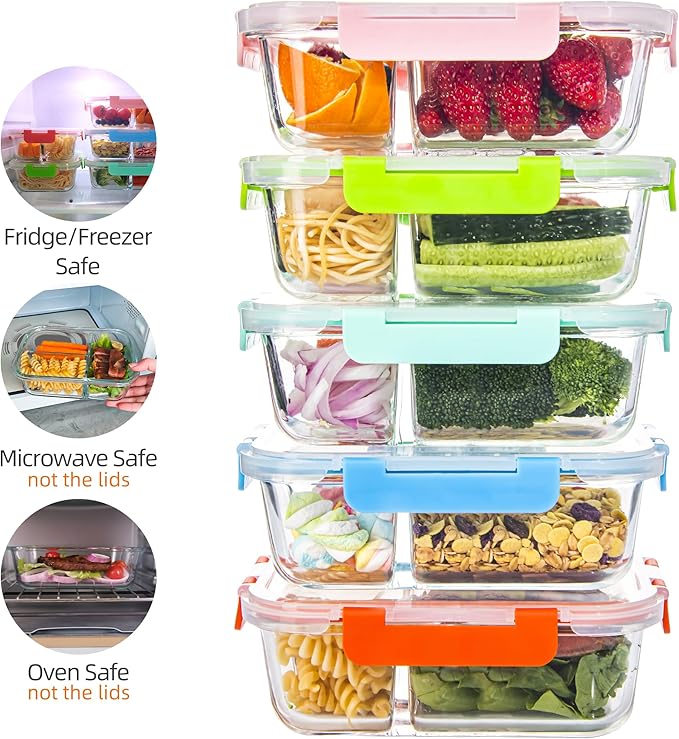 Glass Food Storage Containers 3 Compartment with Lids (5 Pack, 34oz), Divided Glass Meal Prep Containers for Lunch at Work, Leak-Proof Portion Control Food Containers, Microwave/Dishwasher Safe