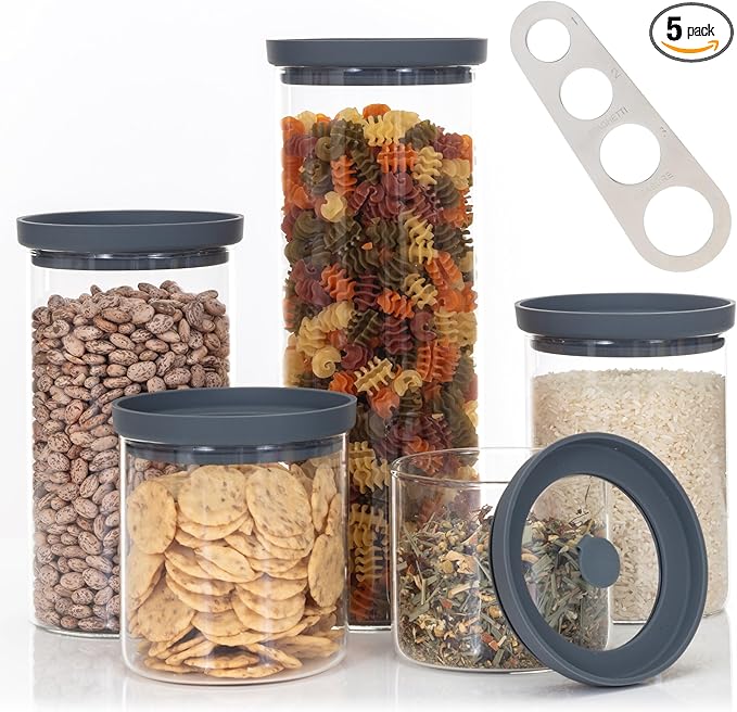 Glass Airtight Food Storage Containers with Silicone and Glass Lids – BPA-Free Jars and Canisters for Pasta Rice Flour, Dry or Wet Foods, Pantry Meal Prep – Set of 5 with Portion Tool