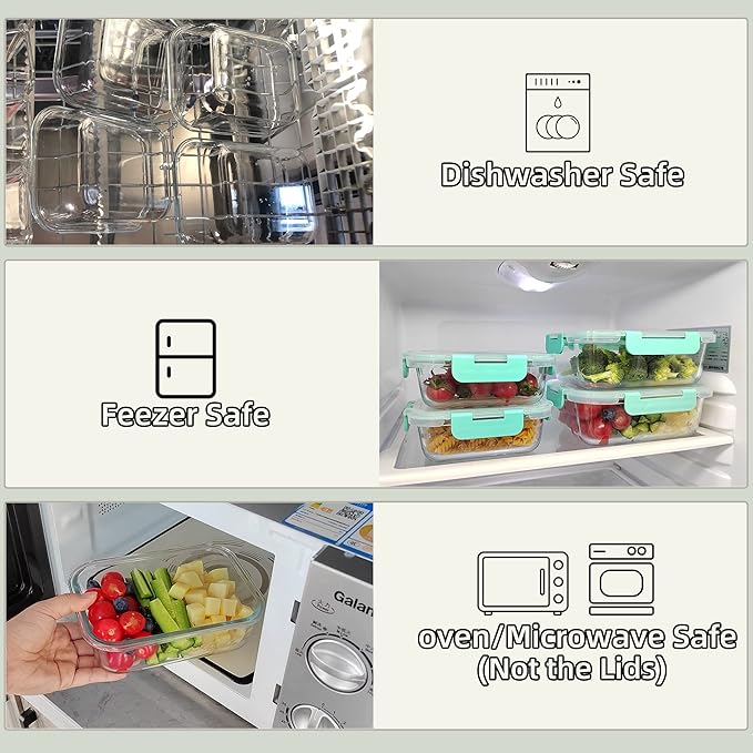 12 Pack Glass Storage Containers with Lids, Leak-Proof Meal Prep Containers, Dishwasher/Microwave/Oven/Freezer Safe Glass Food Storage Containers for Leftovers, to Go