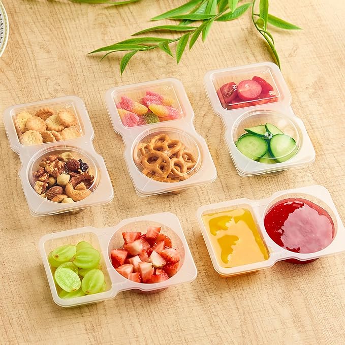 Qeirudu 10 Sets 4.5oz Reusable Plastic Snack Containers, Double Compartment Condiment Containers with Lids for Meal Prep, Dipping Sauce, Portion Control, Travel Snack