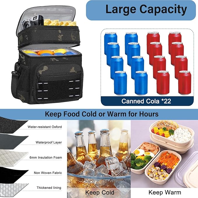 Lunch Box Cooler Bag - Insulated Tactical Lunchbox for Men - Large Lunch Pail Kit for Adults Work Outdoor Shifts Trips Black Camo 25L