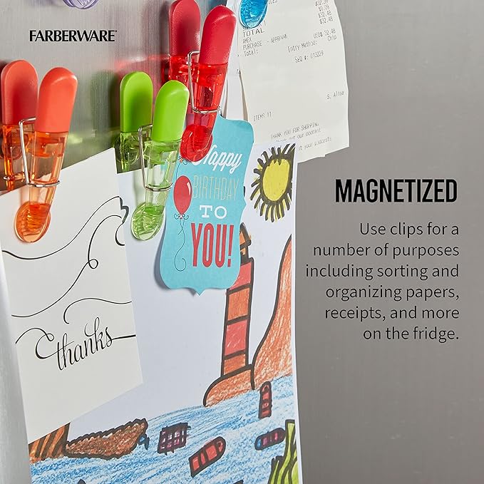 Farberware Classic Set of 15 Multipurpose Clips Food Saving Chip Bag Sealers with Magnetic Backs, 16 Pack, Assorted Translucent Colors