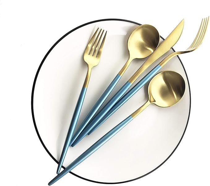 Silverware Set, Hand polished Matte Gold Blue Flatware Cutlery Set Service for 4, Satin Finish 20 Pieces 18/10 Stainless Steel Utensils Set for Home and Restaurant, Dishwasher Safe