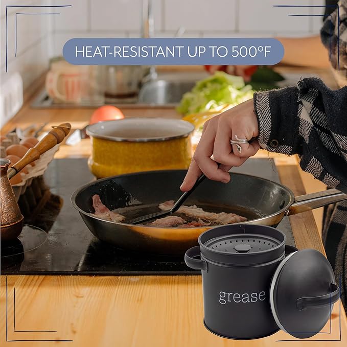 AuldHome Design Enamelware Grease Container w/Strainer (Black), Farmhouse Style Kitchen StorageTin, Labeled “Grease”