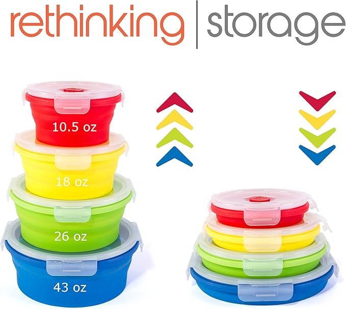 Thin Bins Collapsible Containers Set of 4 Round Silicone Food Storage Containers BPA Free, Microwave, Dishwasher and Freezer Safe - No more cluttered container cabinet! SC-149A