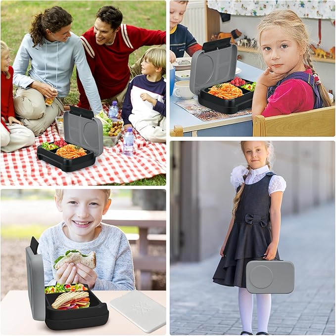 Bento Box for Kids,Kids Bento Lunch Box with Built-in Ice Pack for School,3 Compartments Leak Proof Lunch Container with Utensils for Girl Boy;BPA Free,Microwave & Dishwasher Safe, 44oz(Gray)