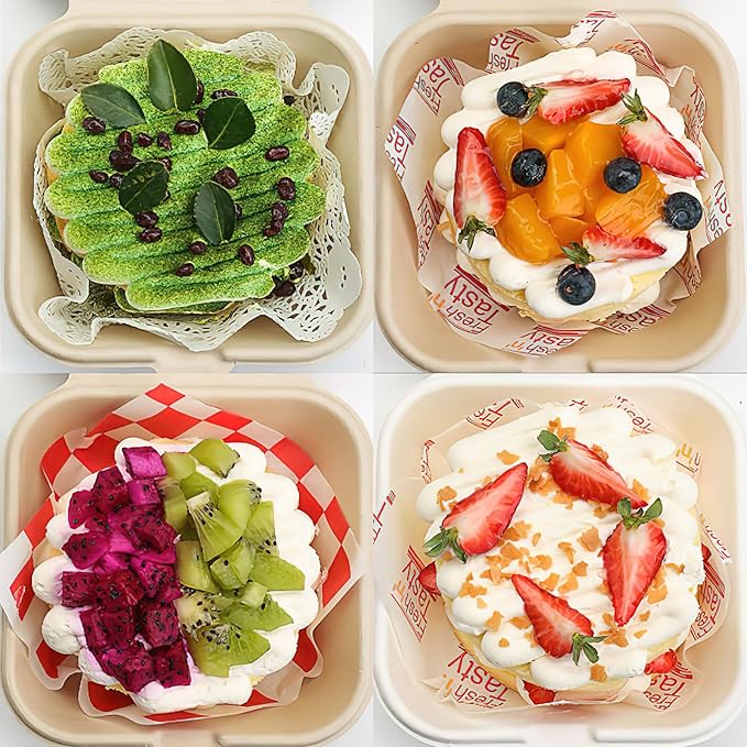 Clamshell Take Out Food Containers,100 Pcs Compostable To Go Boxes, 6 x 6 inch Sugarcane Fiber Containers for Salad Cake Sandwiches,Heavy-Duty Disposable Lunch Box,Microwave-Safe