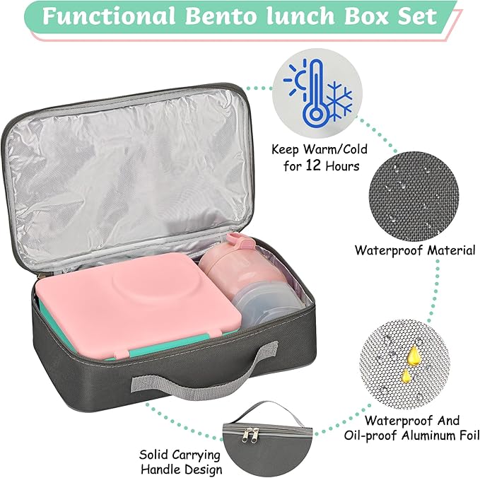 Bento Lunch Box for Kids with 12oz Soup Thermo, Leak-Proof Lunch Containers with 5 Compartments, Insulated Lunch Bag, Thermo Hot Food Jar with Spoon for Kids to School, Travel, Pink