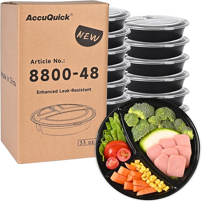 LOKATSE HOME Meal Prep Container Microwave Safe 48 Pack 3 Compartment with Lids, Round Bento Box, Food Storage Durable Stackable Reusable, BPA Free, Freezer, Dishwasher Safe (33 oz)