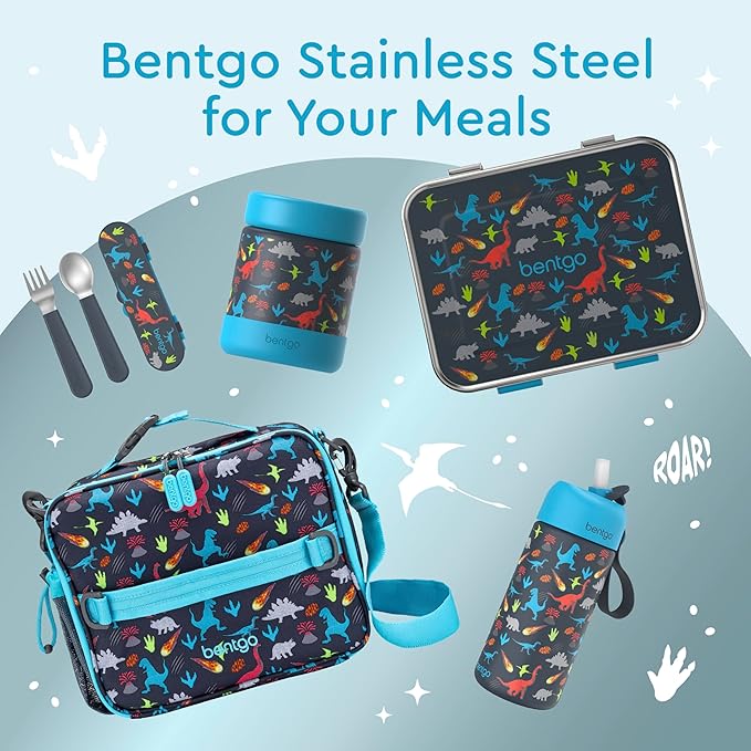 Bentgo Kids Stainless Steel Prints Leak-Resistant Lunch Box - 3-Compartments with Bonus Silicone Container, Durable, Eco-Friendly, Dishwasher Safe, BPA-Free, Ideal for School, Ages 3+ (Dinosaur)