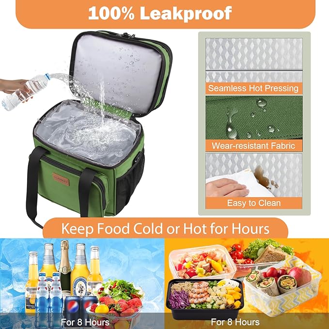 Expandable Large Insulated Lunch Box, Heavy Duty Lunch Cooler Bag Durable Leakproof Lunch Pail for Men Women Adults Work Shift Outdoor Picnic Camping Road Trip, 16L, Army Green, GLENKEY